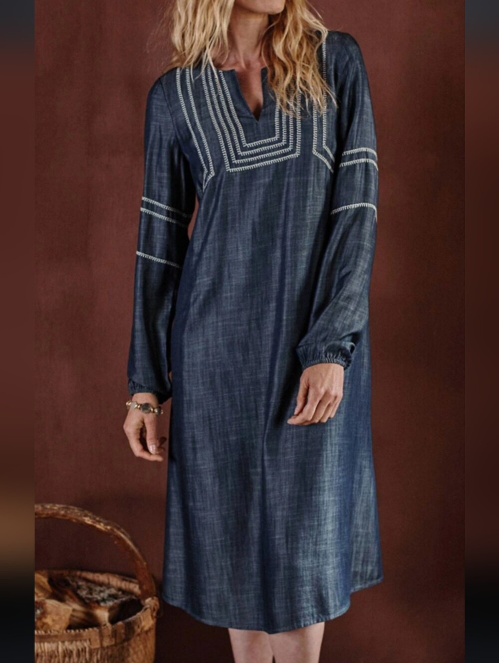 J.Jill Denim Dress Whipstitch Denim Sleeve Cotton Button Boho Relax